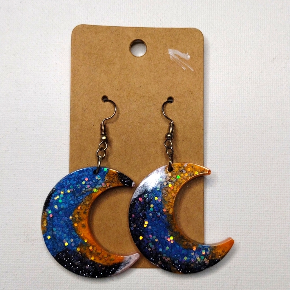 Colorblock Sparked Moon dangle Earrings blue orange black silver gold fish hooks